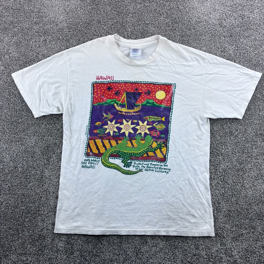 Vintage Hawaii Art Shirt Mens Large White Cotton Hans Olson Gecko Nature